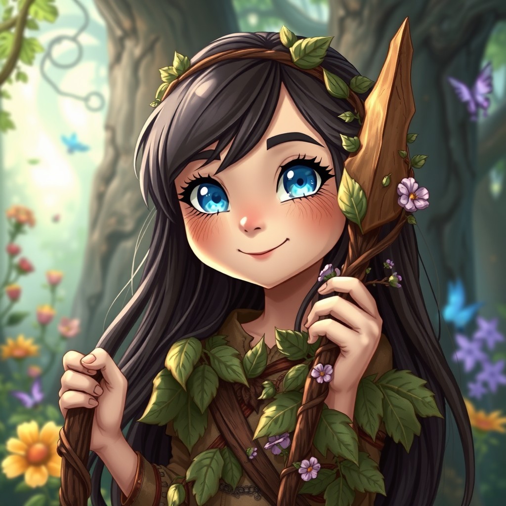A charming D&D style drawing of a young druid girl, featuring long dark hair and glowy blue eyes that radiate kindness and happiness, yet hint at her hidden great power