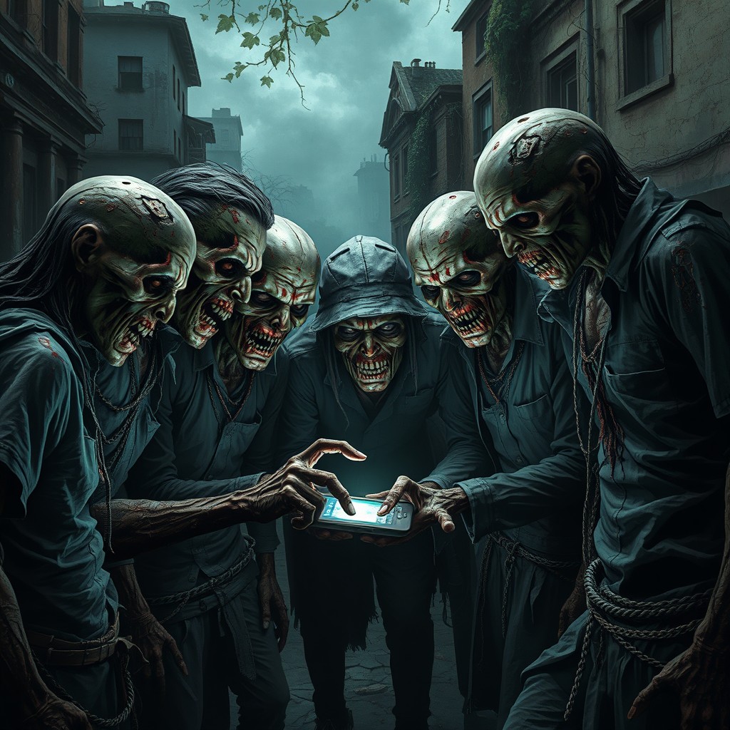 A group of zombies gathered around a smartphone, their decayed faces illuminated by the screen's glow, creating a juxtaposition of modern technology and classic horror