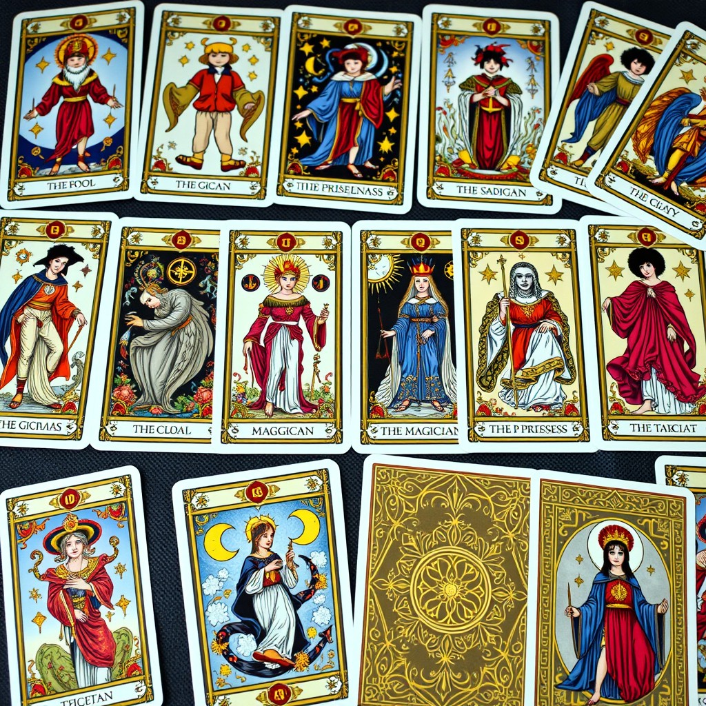 A full deck of tarot cards laid out in a stunning display, each card depicting intricate and colorful illustrations of traditional tarot symbols such as The Fool, The Magician, The High Priestess, and others, showcasing their unique imagery and meanings