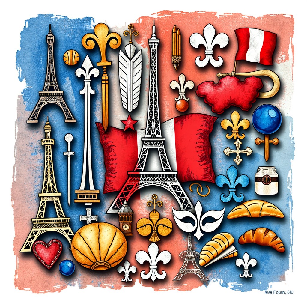 An A4 cover design featuring various signs and symbols that represent the French language, without any text or writing