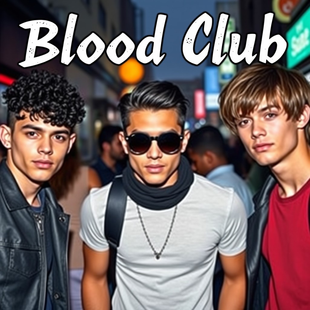 Three young men together in a stylish urban setting, each with distinct hairstyles: one with short curly black hair, another with slicked-back black hair, and the last with brown hair featuring bangs