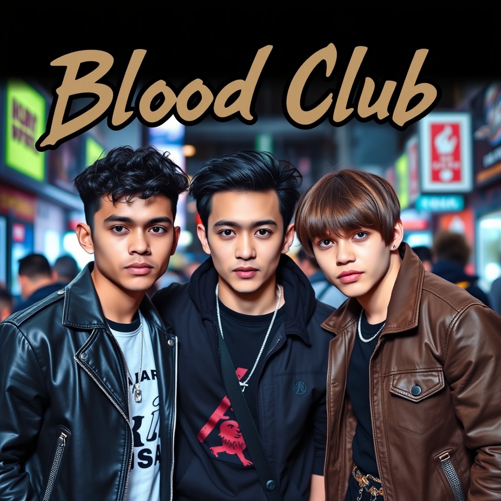 A group of three young men posing together in a trendy urban environment