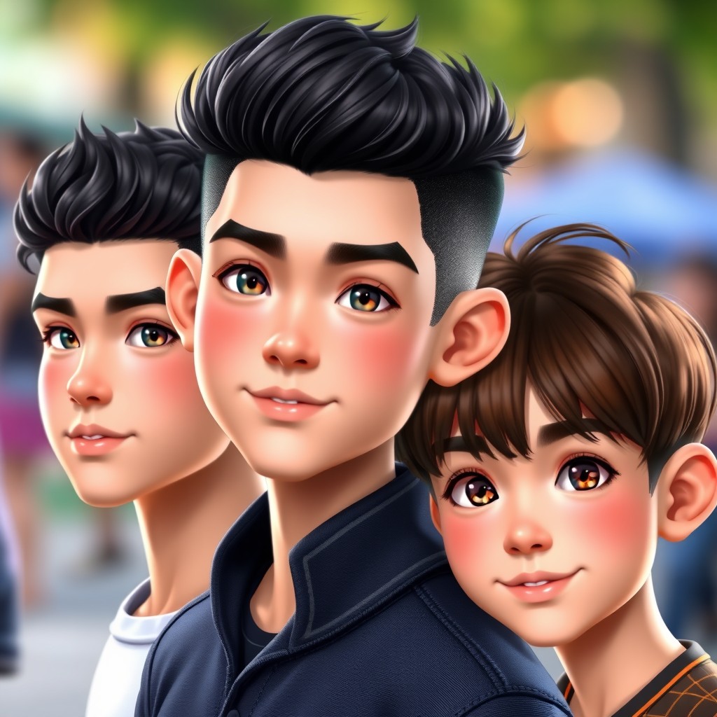 Three handsome boys in a 3D style, one with short curly black hair showcasing a strong jawline, another boy with sleek black hair styled upwards, and the last one with brown bangs