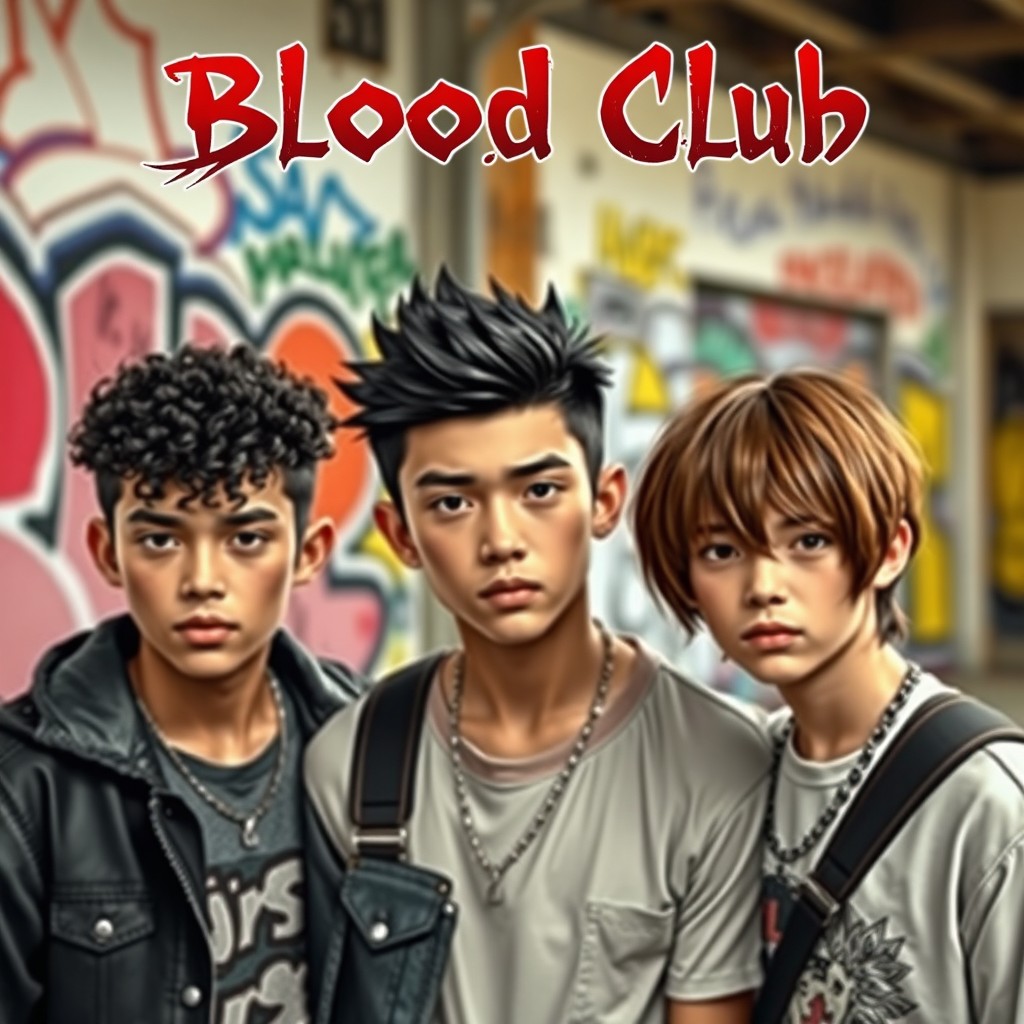Three boys together, one with short curly black hair and a strong jawline, another with straight black hair styled upwards, and the last one with brown bangs