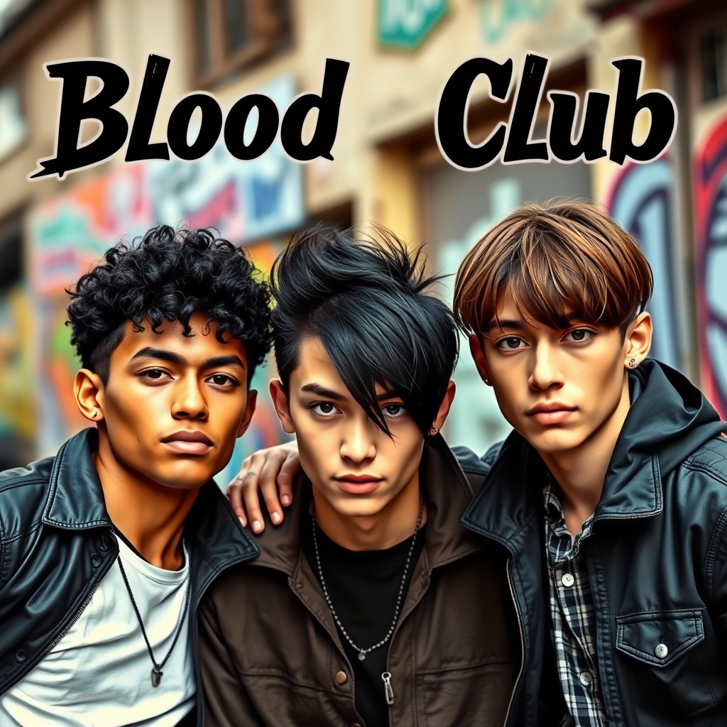 Three boys together, one with short curly black hair and a strong jawline, another with straight black hair styled upwards, and the last one with brown bangs