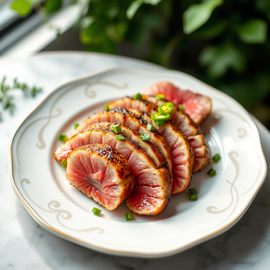 A beautifully arranged plate featuring seared tuna slices, perfectly cooked and displaying a rich golden brown crust, garnished with finely chopped green chili for a vibrant contrast