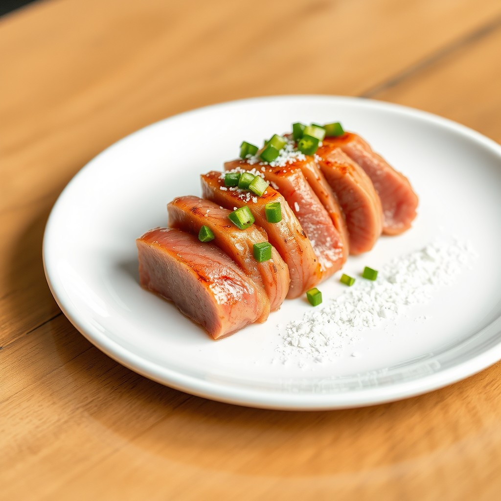 An elegantly arranged plate featuring seared minced tuna, beautifully crafted into a neat mound and showcasing a golden-brown sear