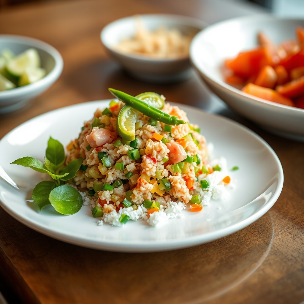 A stunning presentation of a serving plate featuring finely chopped cooked tuna, artfully combined with vibrant chopped green chili and fresh grated coconut for a tropical flavor