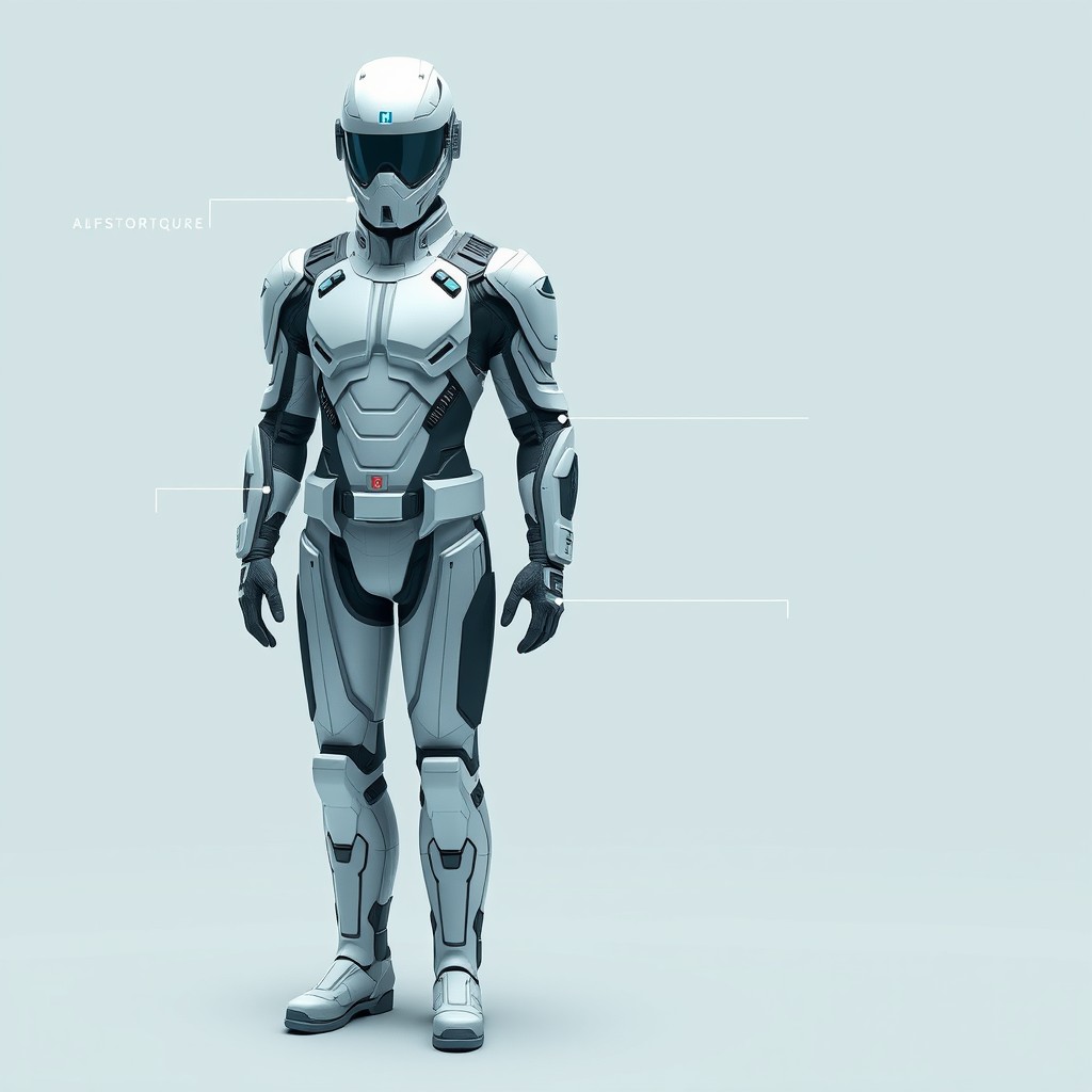 A realistic armored suit designed for a clinical setting, featuring a sleek and slim profile enriched with modern technology