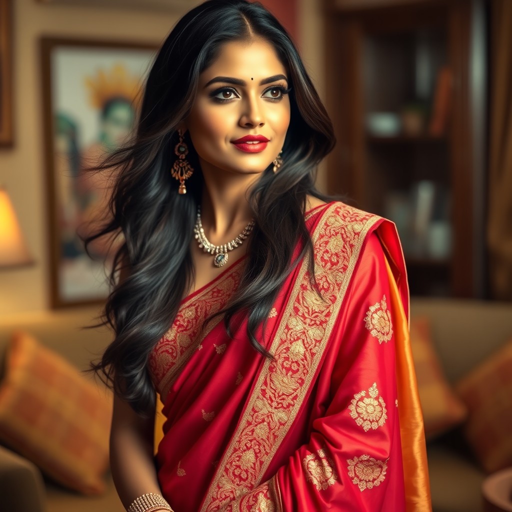 An alluring Indian woman in a traditional bhabhi outfit, wearing a stylish, intricately designed saree with beautiful embroidery