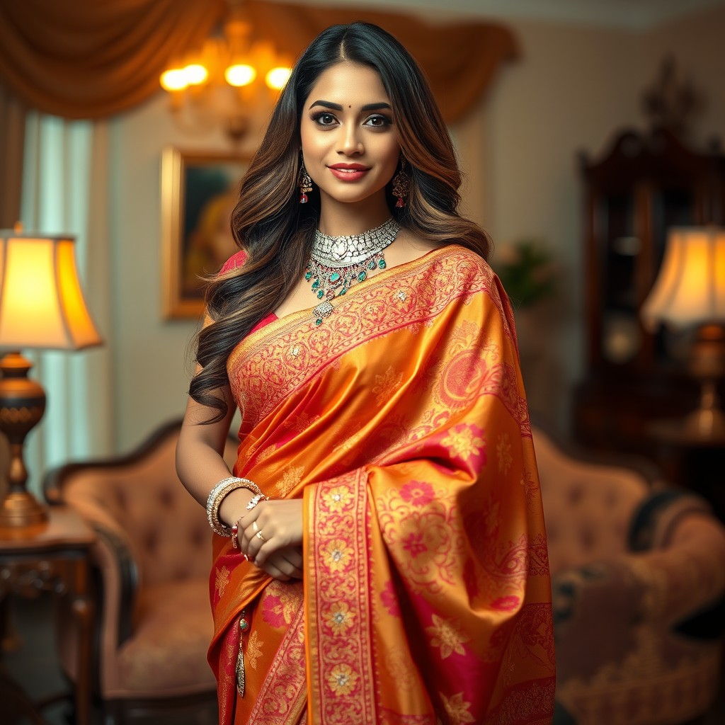 An alluring Indian woman dressed in a stunning bhabhi outfit, featuring a richly embroidered saree with vibrant patterns and colors
