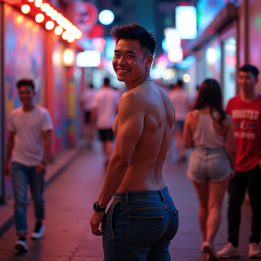 A playful and fun scene featuring an attractive Asian man with a prominent bubble butt, dressed in stylish casual attire