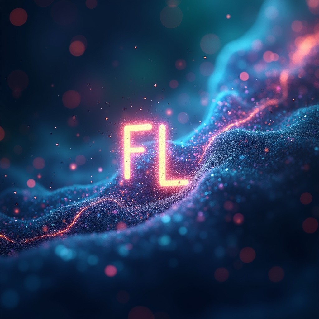 An abstract representation of a vibrant quantum field, featuring dynamic waves and particles, with the letters F, I, and L artfully intertwined within the field