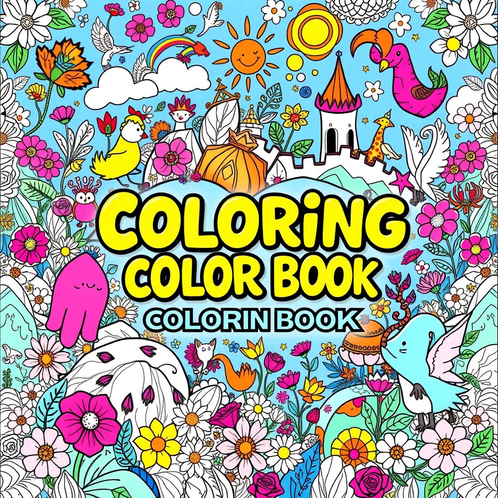 An exciting and vibrant cover design for a coloring book, featuring a whimsical world filled with intricate patterns and delightful characters such as playful animals, magical creatures, and fairy-tale landscapes