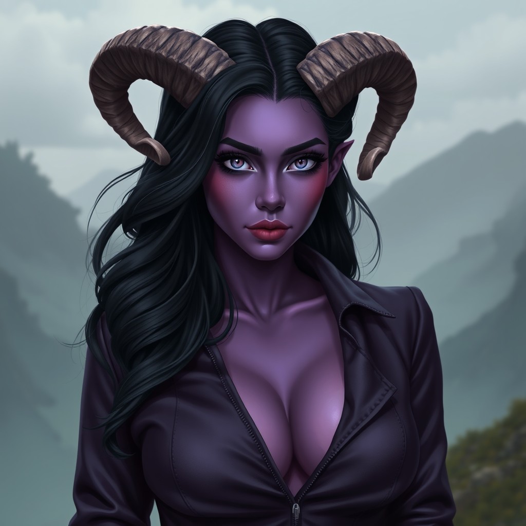 A purplish-skinned female in her early 20s with a curvaceous body type and striking features