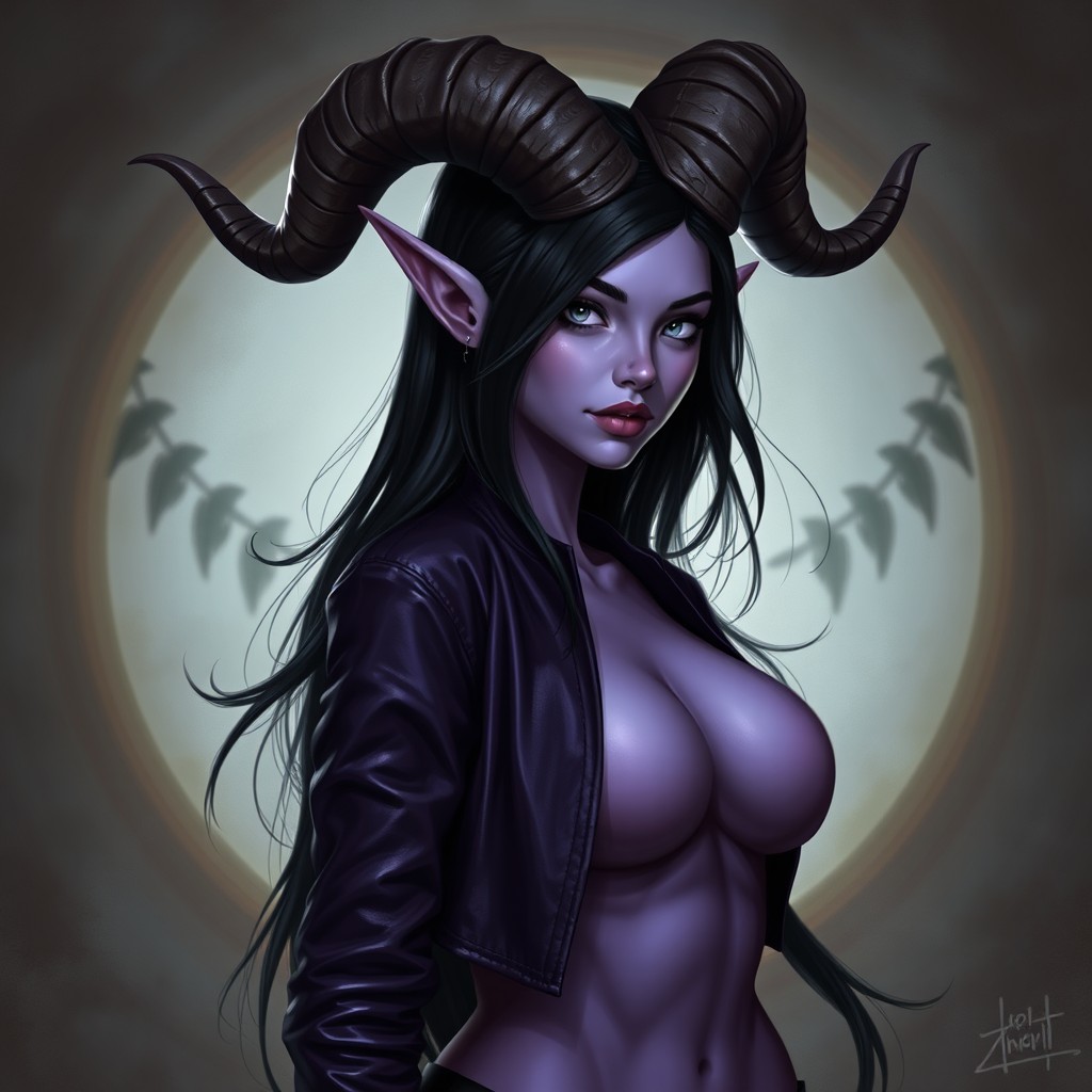 A lavender-skinned female Tiefling in her early 20s with a curvaceous body type and enchanting features