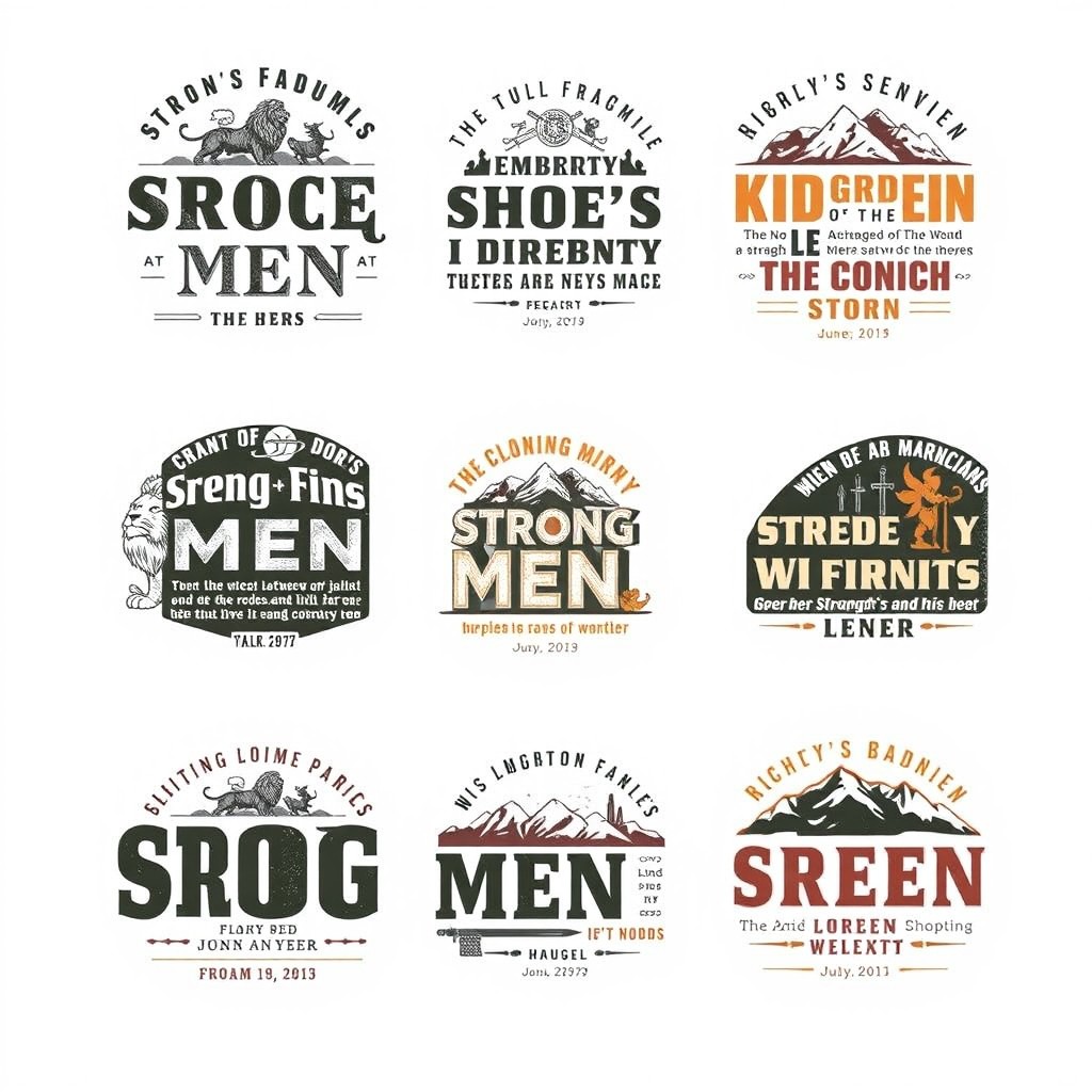 A collection of artistic t-shirt designs featuring inspiring biblical passages about strong men