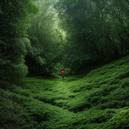 An individual wandering on an undefined path through a vast, verdant expanse of greenery