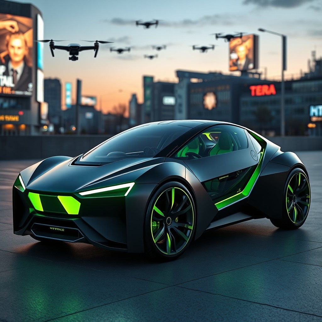 An innovative, futuristic car for two passengers, featuring a bold and aggressive design