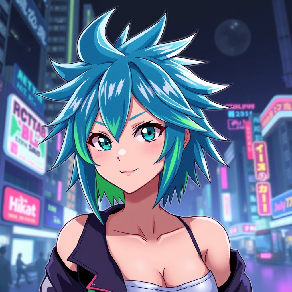 A character with shoulder-length spiky anime hair, featuring vibrant colors like electric blue and neon green