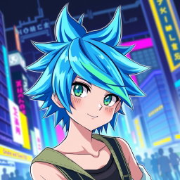 A character with shoulder-length spiky anime hair, featuring vibrant colors like electric blue and neon green