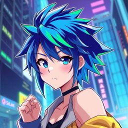 A character with shoulder-length spiky anime hair, featuring vibrant colors like electric blue and neon green