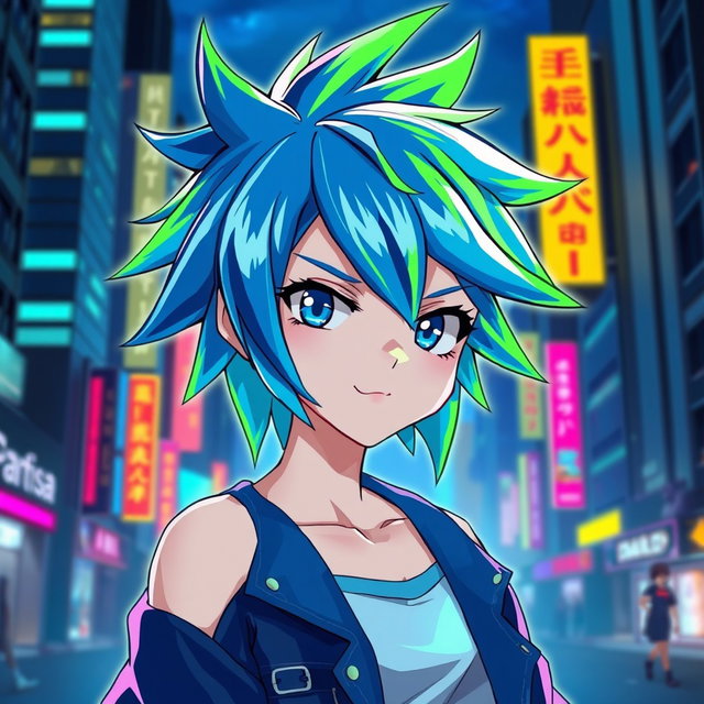 A character with shoulder-length spiky anime hair, featuring vibrant colors like electric blue and neon green