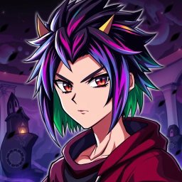 An anime character with shoulder-length spiky hair, characterized by vibrant colors and a wild, dynamic look