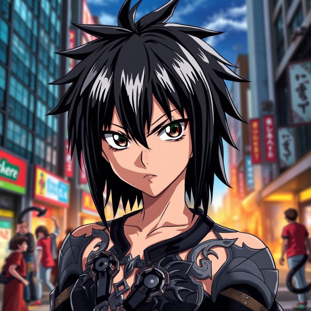 An anime character featuring shoulder-length spiky black hair with a glossy, sleek texture that adds a striking edge to their appearance