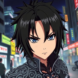 An anime character featuring shoulder-length spiky black hair with a glossy, sleek texture that adds a striking edge to their appearance