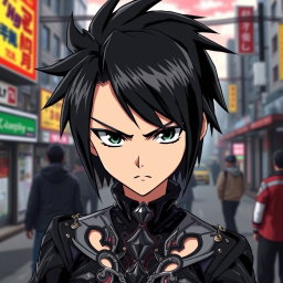 An anime character featuring shoulder-length spiky black hair with a glossy, sleek texture that adds a striking edge to their appearance