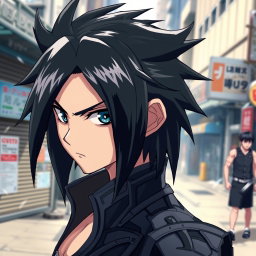 An anime character featuring shoulder-length spiky black hair with a glossy, sleek texture that adds a striking edge to their appearance