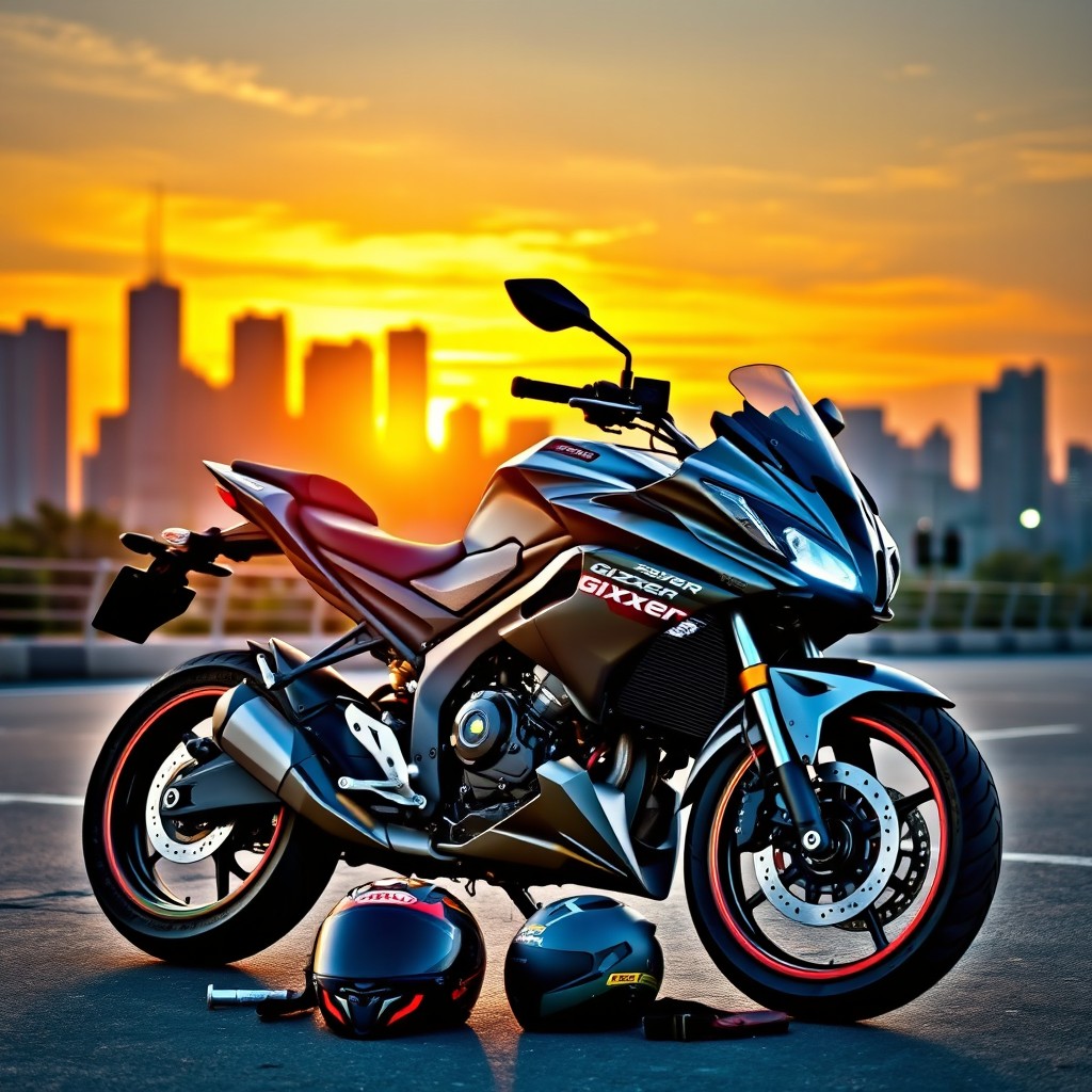 A stunning motorcycle scene featuring a sleek, modern Gixxer 150 FI sports bike, parked on an urban street with a city skyline in the background during sunset