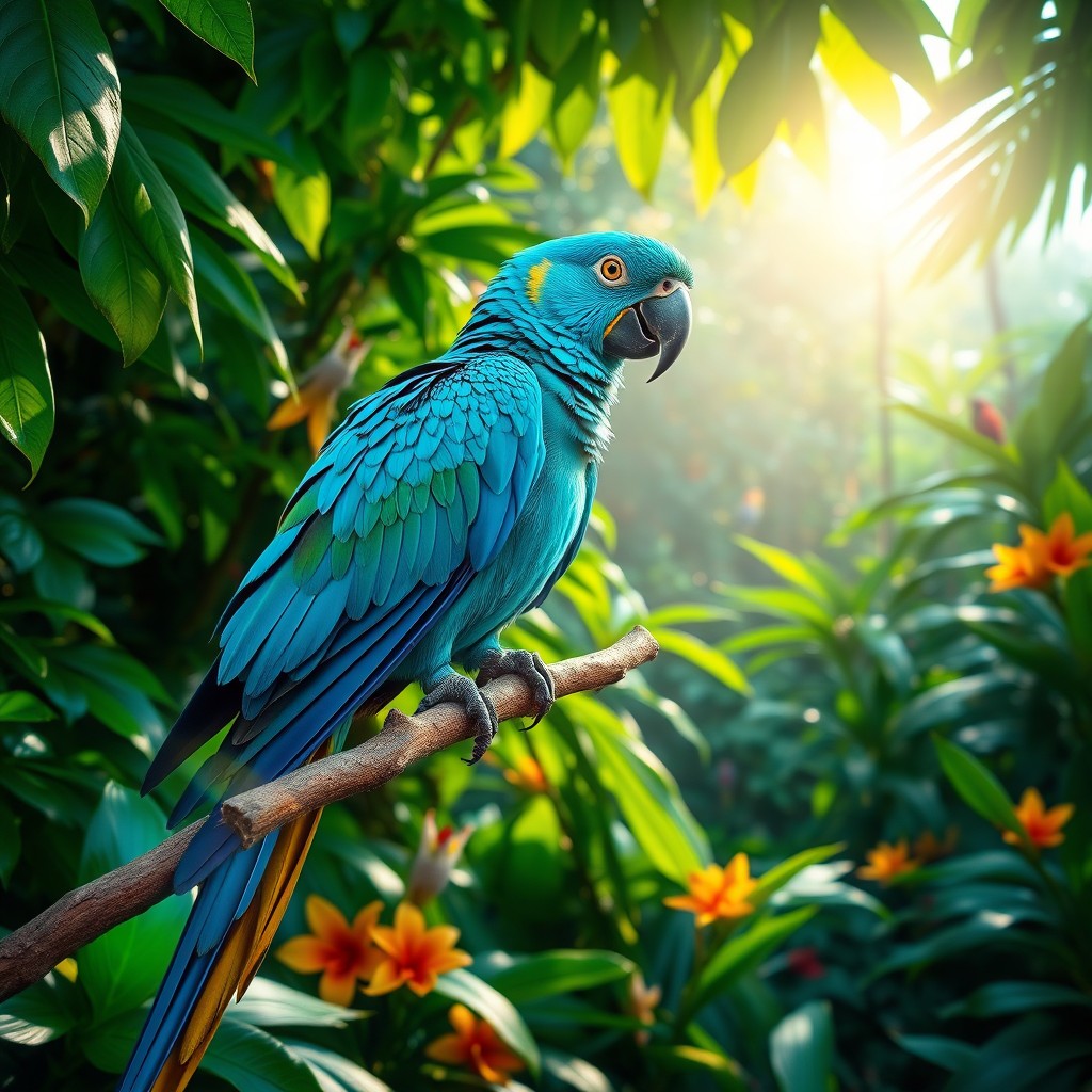 A stunning blue parrot perched on a branch in a lush, tropical rainforest