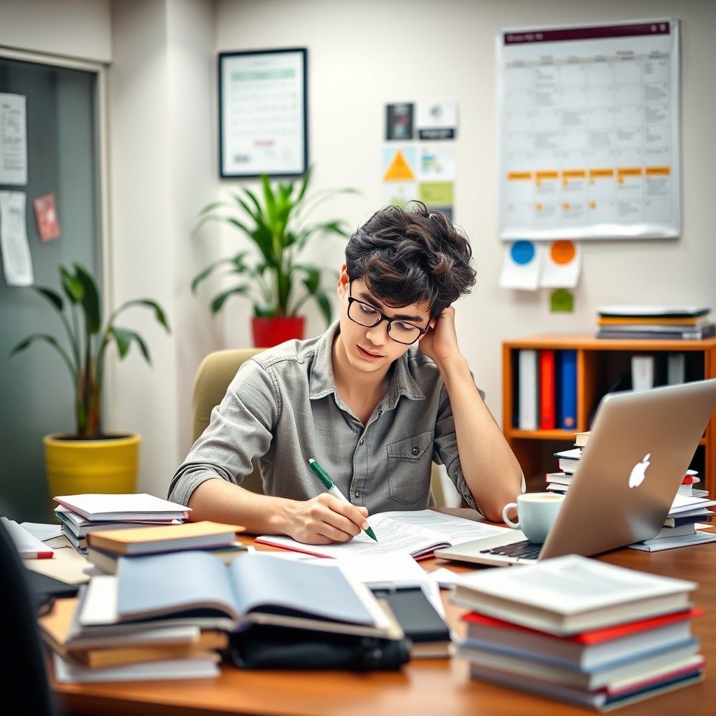 An office setting with a college aged student sitting at a desk, focused on writing an assessment or exam paper