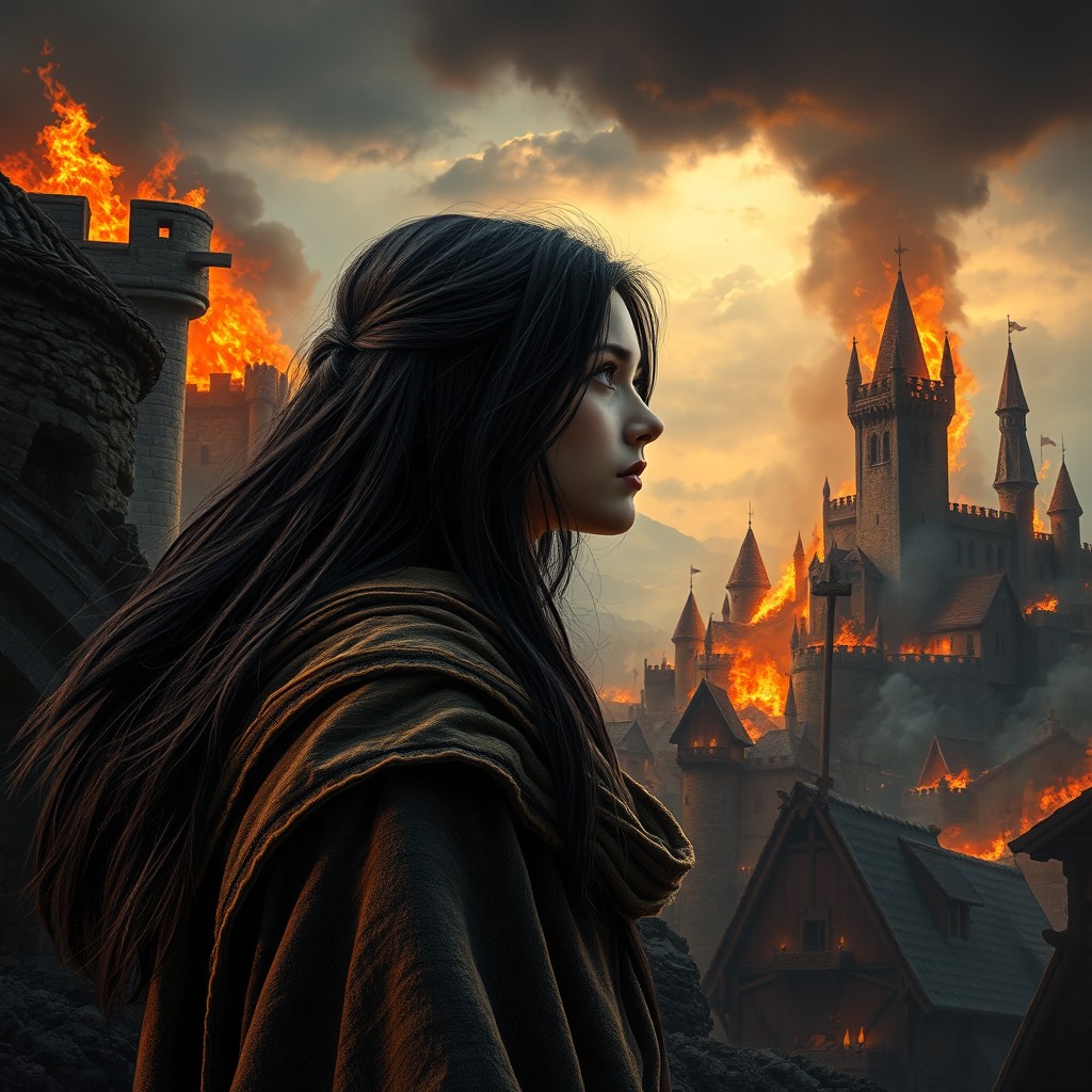 A captivating dark fantasy book cover featuring a 20-year-old girl with long flowing dark hair, wearing a tattered cloak, gazing intently at a burning medieval city in the distance
