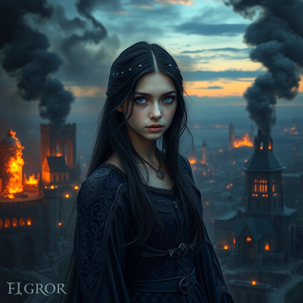A stunning dark fantasy book cover featuring a 20-year-old girl with striking blue eyes and long black hair