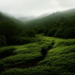 An individual wandering on an undefined path through a vast, verdant expanse of greenery