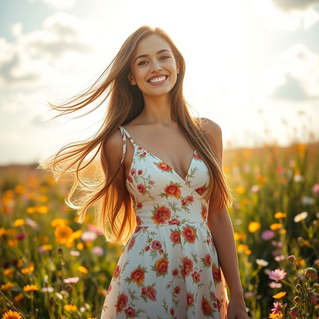 A stunning woman with long flowing hair, dressed in a stylish summer dress adorned with floral patterns, standing in a sunlit meadow filled with vibrant wildflowers