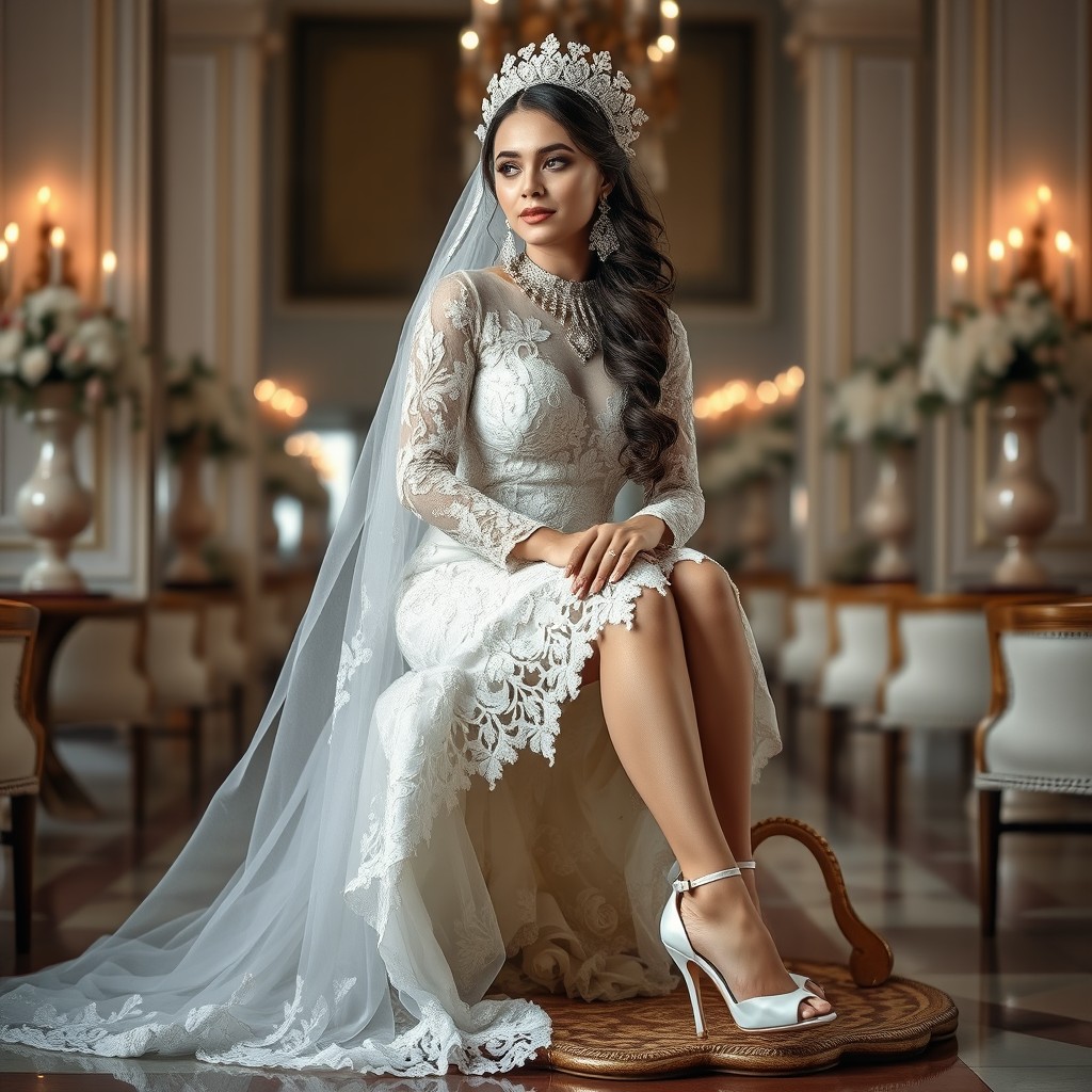 A bride dressed in a stunning white lace chadori, adorned with intricate patterns