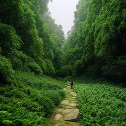 An individual wandering on an undefined path through a vast, verdant expanse of greenery