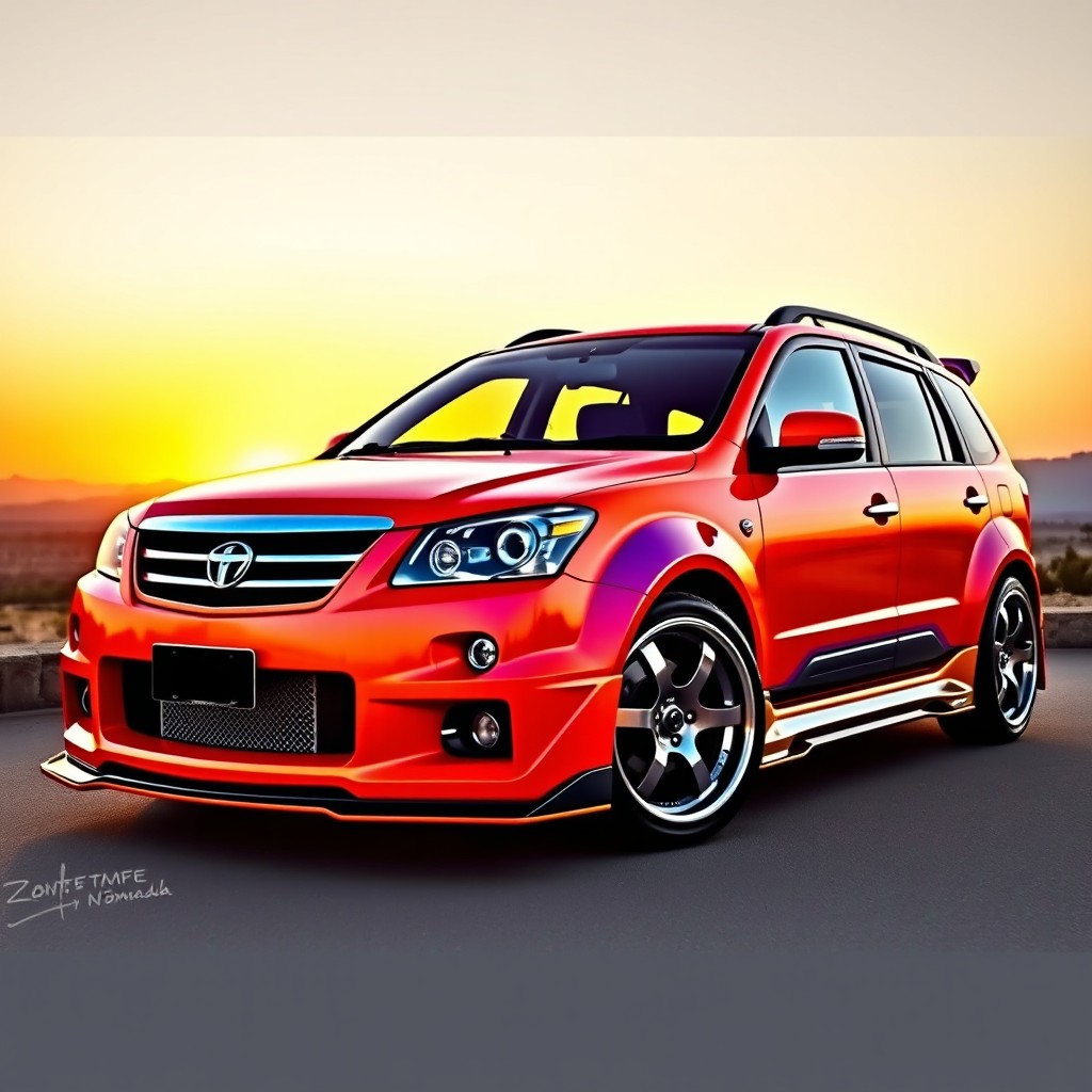 A sleek and modified Zotye Nómada 2008, showcasing an eye-catching body kit and custom paint job with vibrant colors