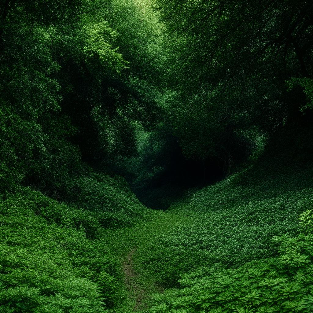 An individual wandering on an undefined path through a vast, verdant expanse of greenery