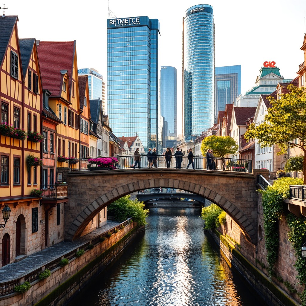 A picturesque bridge connecting a charming old town with a vibrant modern city