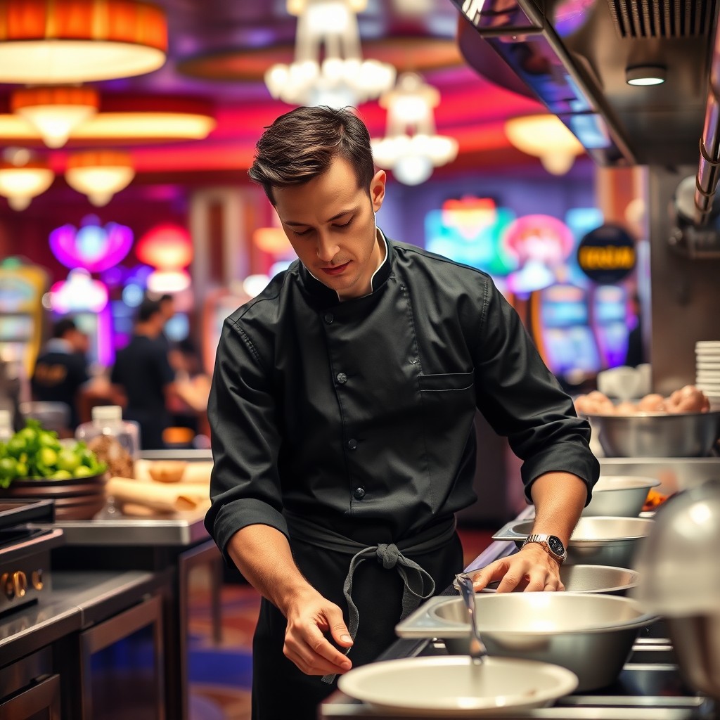 A focused kitchen steward working diligently in a bustling kitchen, surrounded by stainless steel appliances and fresh ingredients