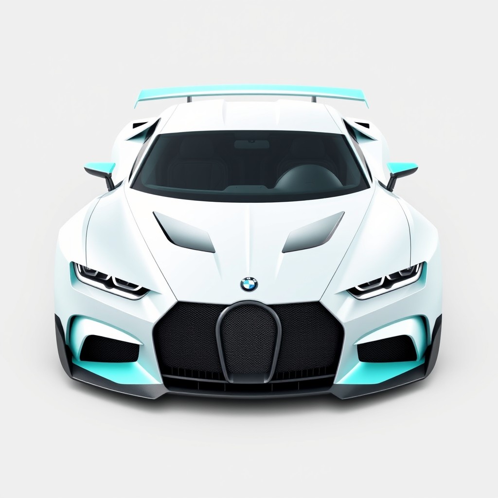 A futuristic car that combines the sleek design elements of a Bugatti, the aggressive front grille of a BMW M5, and the sporty silhouette of a GTR R35