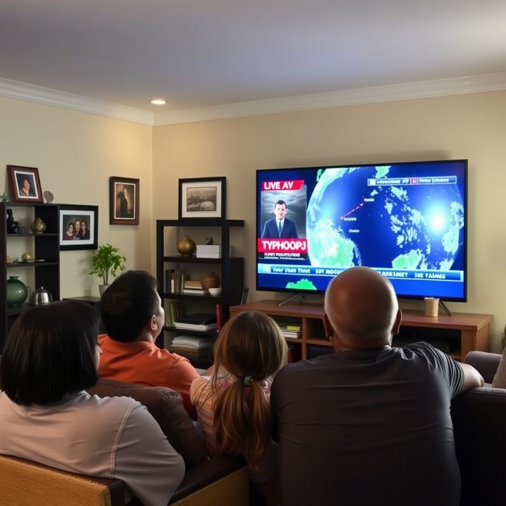 A cozy living room setting where a family is gathered around a large flat-screen TV, watching a news broadcast about Typhoon PJ affecting the Philippines