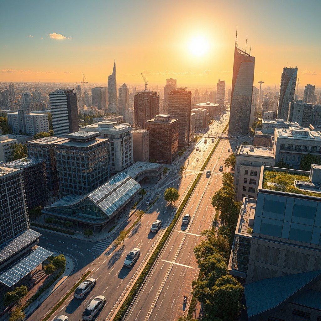 Design a modern futuristic city centered around lithium-ion technology, featuring the latest solar panels and electric vehicles