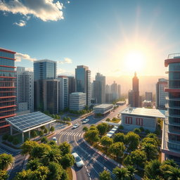 Design a modern futuristic city centered around lithium-ion technology, featuring the latest solar panels and electric vehicles