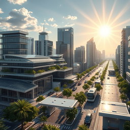 Design a modern futuristic city centered around lithium-ion technology, featuring the latest solar panels and electric vehicles